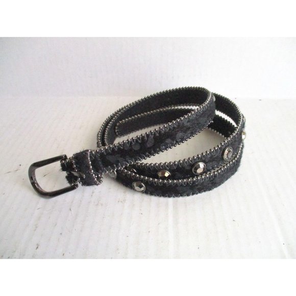*Retro Black Leather Belt Shimmer Pony Hair Faceted Faux Gem Stone Accents main image 5